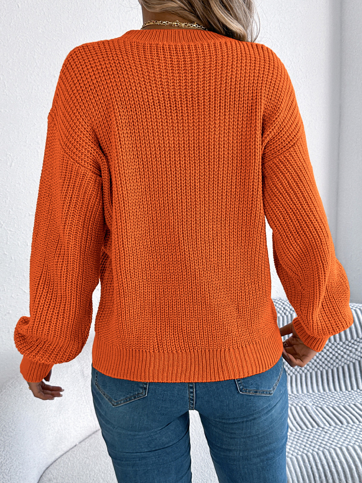Pointelle Chevron Crewneck Knit Pullover - Orange - 1