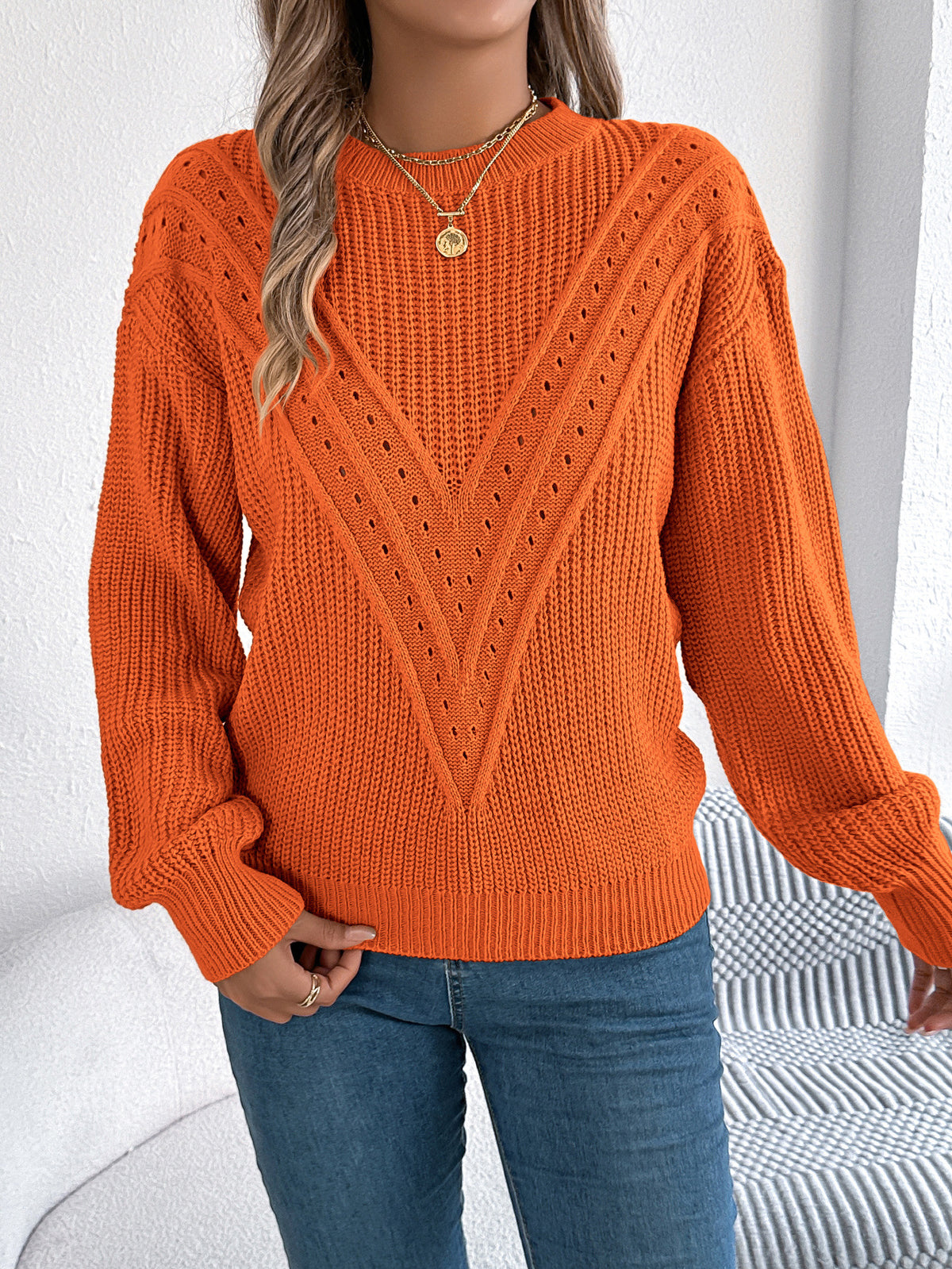 Pointelle Chevron Crewneck Knit Pullover - Orange - 2