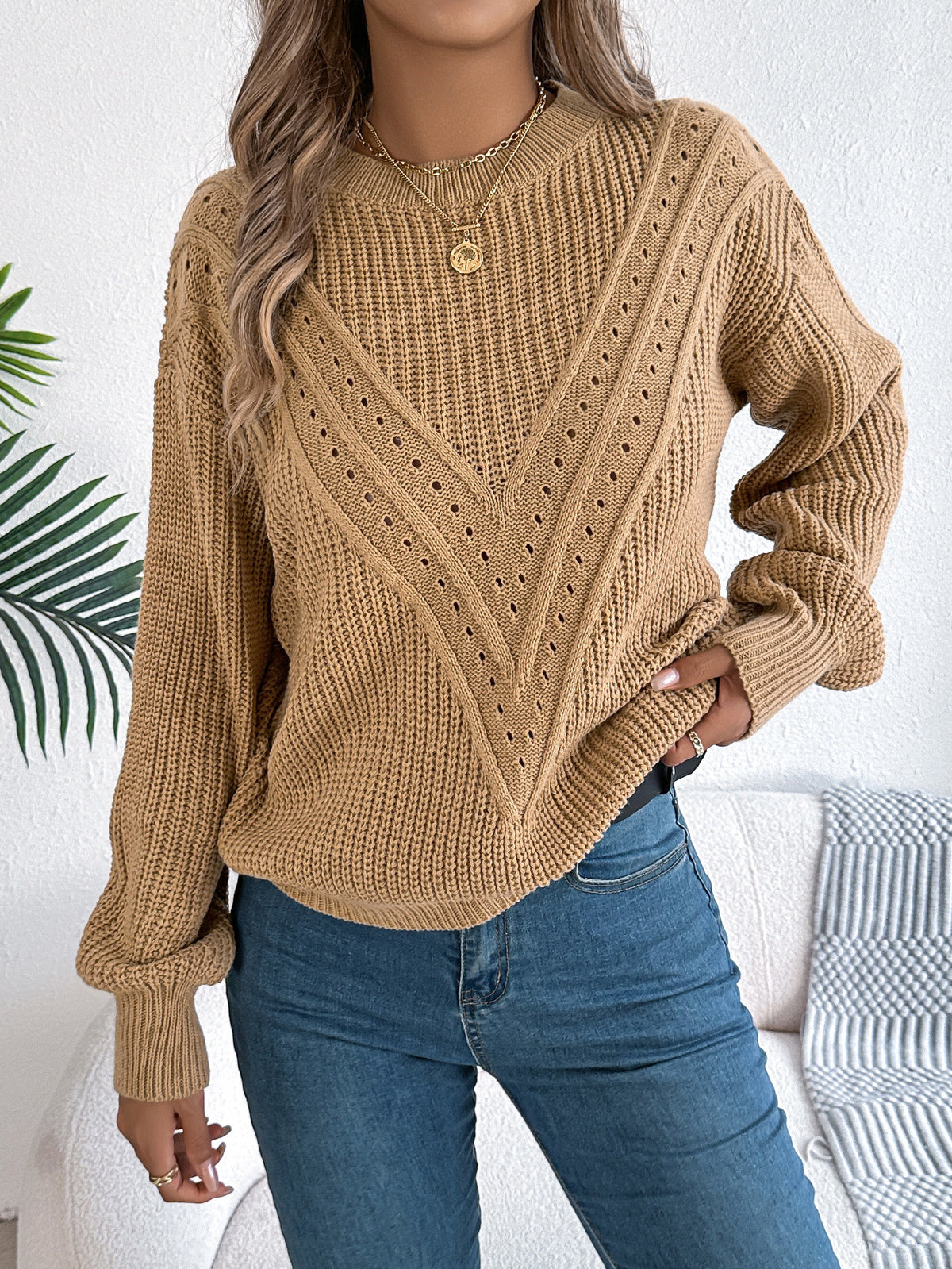 Pointelle Chevron Crewneck Knit Pullover