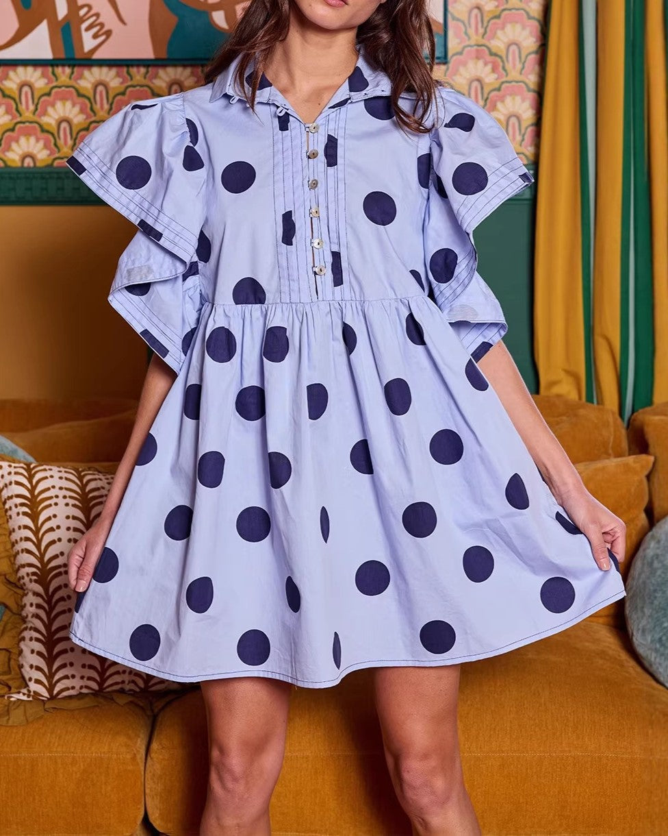 Flutter Sleeve Polka Dot Babydoll Mini Dress - Blue