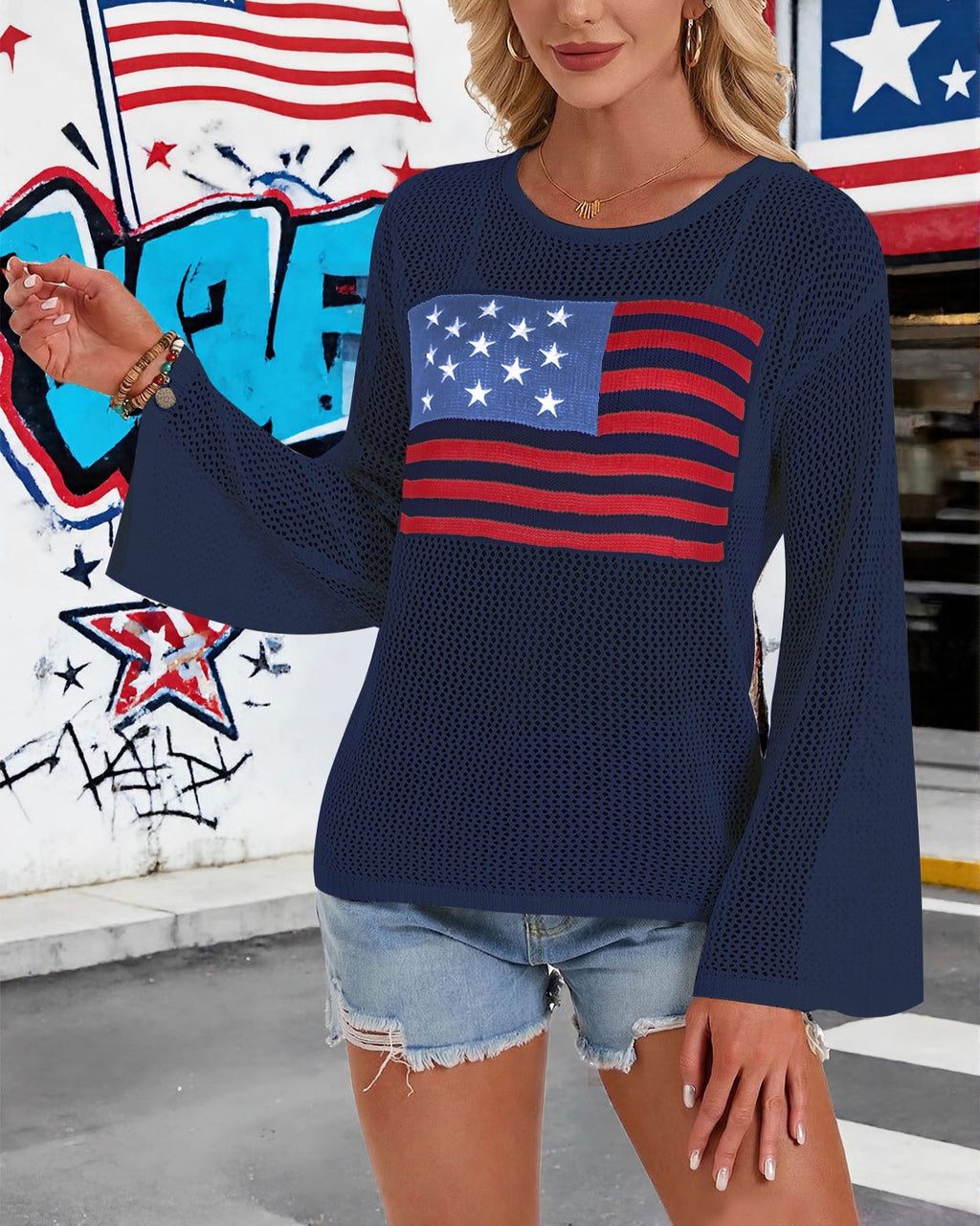 Americana Flag Open Knit Bell Sleeve Top - DarkBlue