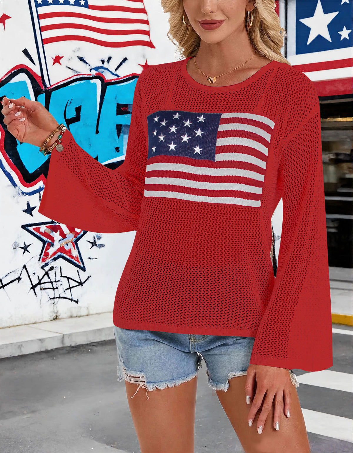 Americana Flag Open Knit Bell Sleeve Top - Red