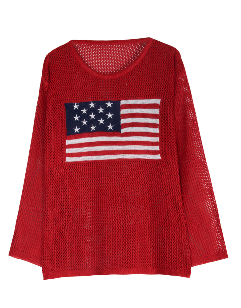 Americana Flag Open Knit Bell Sleeve Top - Red - 2