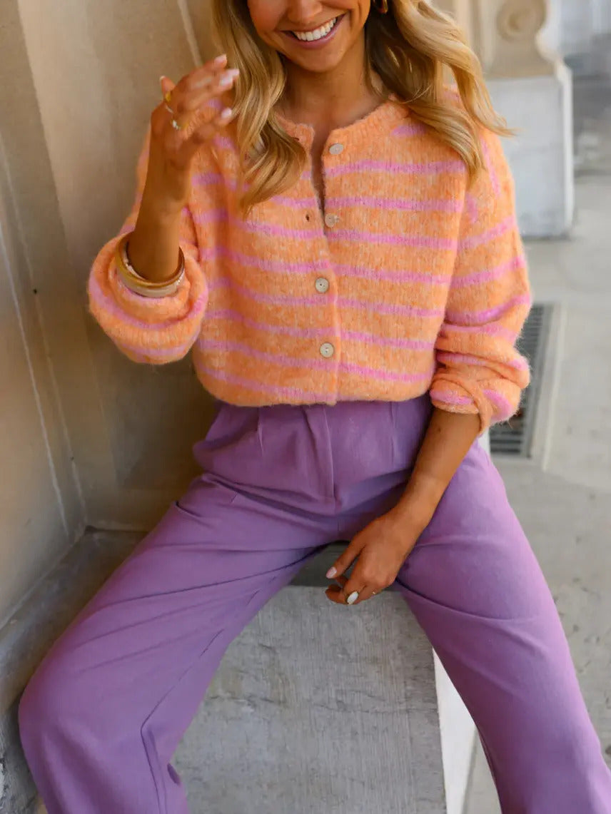Marled Stripe Cropped Button Cardigan - Orange