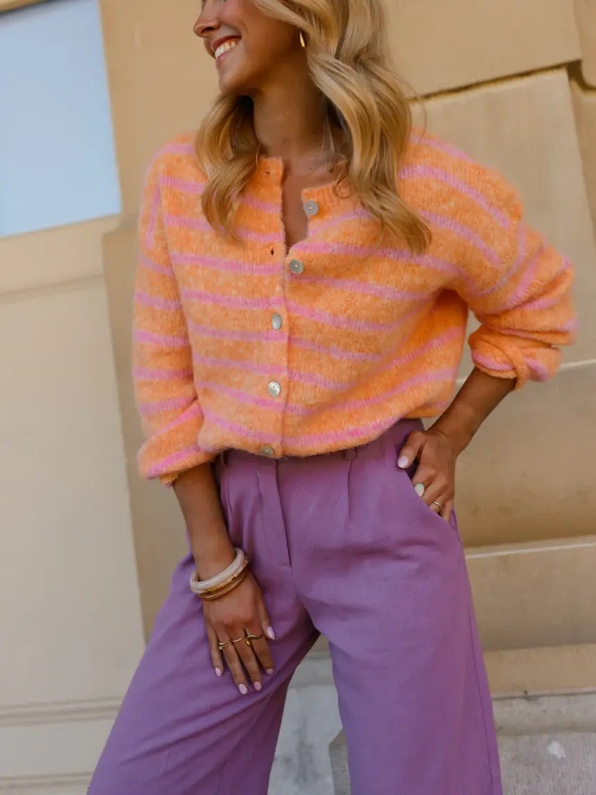 Marled Stripe Cropped Button Cardigan - Orange - 2