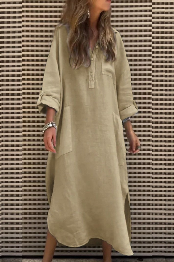 Relaxed Maxi Shirt Dress Side Pockets - Khaki