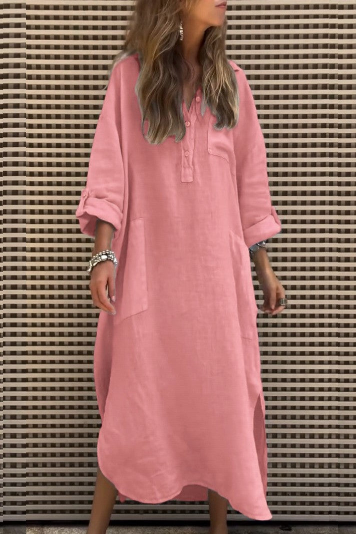 Relaxed Maxi Shirt Dress Side Pockets - Pink