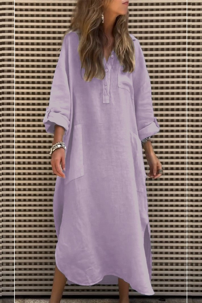 Relaxed Maxi Shirt Dress Side Pockets - purple