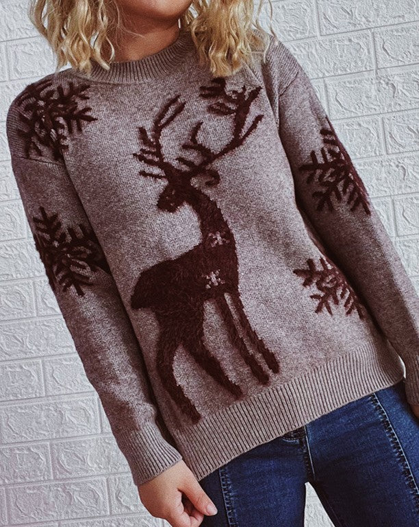 Standing Deer Snowflake Jacquard Knit Sweater - Coffee
