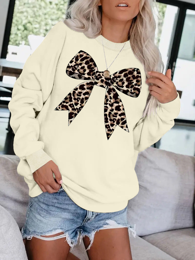 Leopard Ribbon Bow Crewneck Sweatshirt - Apricot
