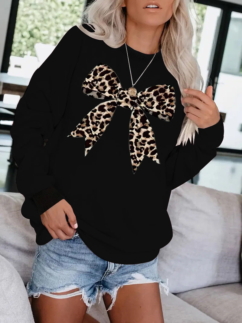 Leopard Ribbon Bow Crewneck Sweatshirt - Black