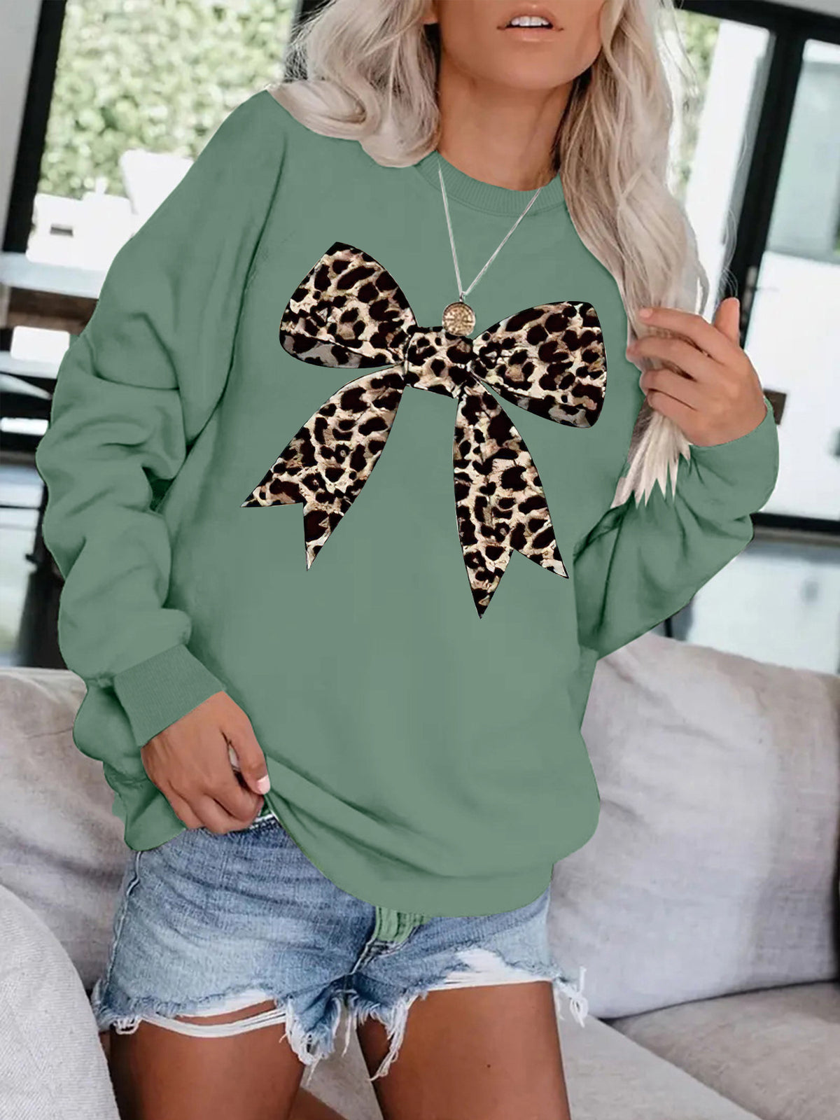Leopard Ribbon Bow Crewneck Sweatshirt - Olive
