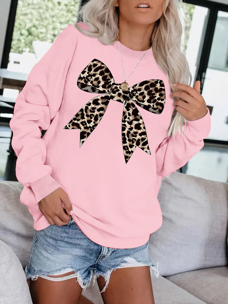 Leopard Ribbon Bow Crewneck Sweatshirt - Pink