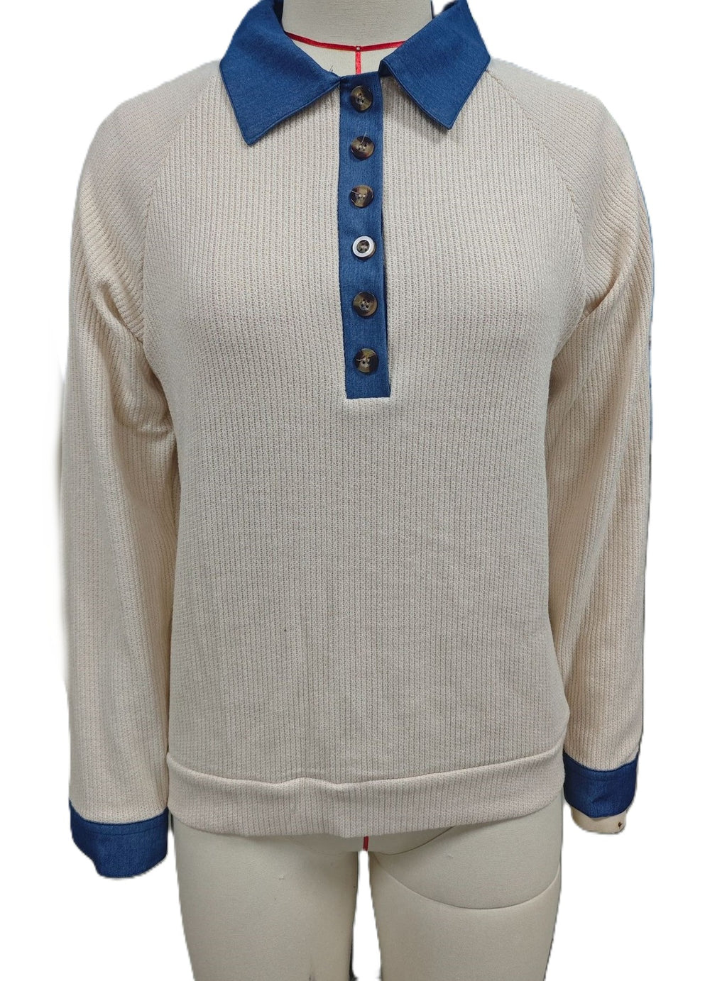 Ribbed Knit Shirt With Contrast Denim Collar - Apricot - 1