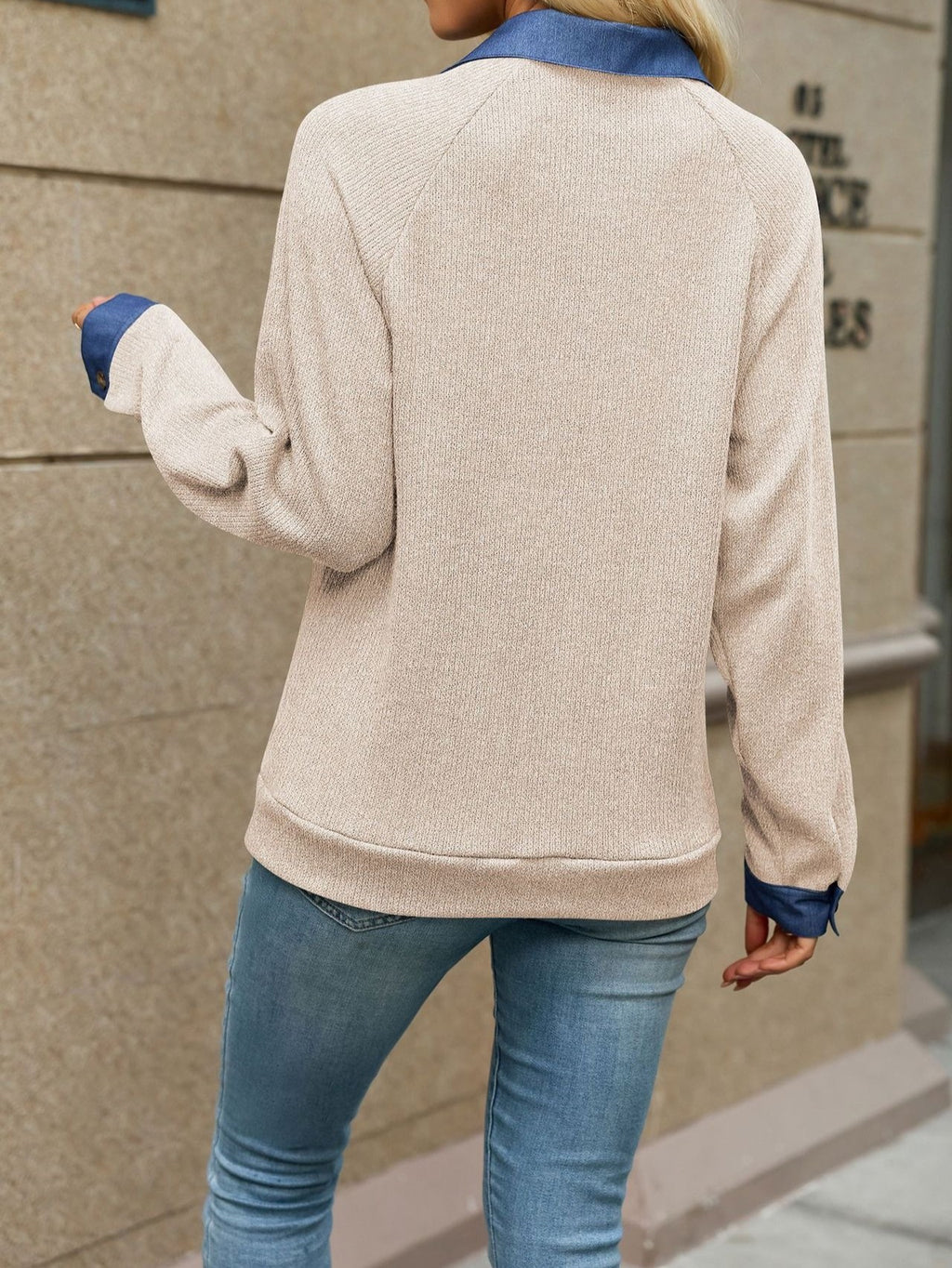 Ribbed Knit Shirt With Contrast Denim Collar - Apricot - 3