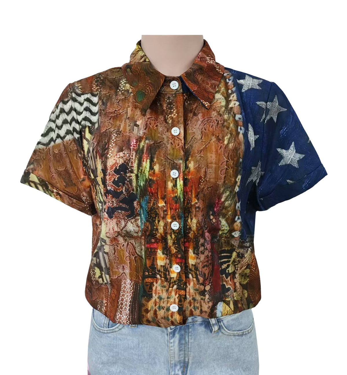 Vintage Collage Flag Print Camp Shirt
