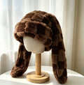 Checkerboard Plush Bunny Ear Beanie Y2K Style - Coffee