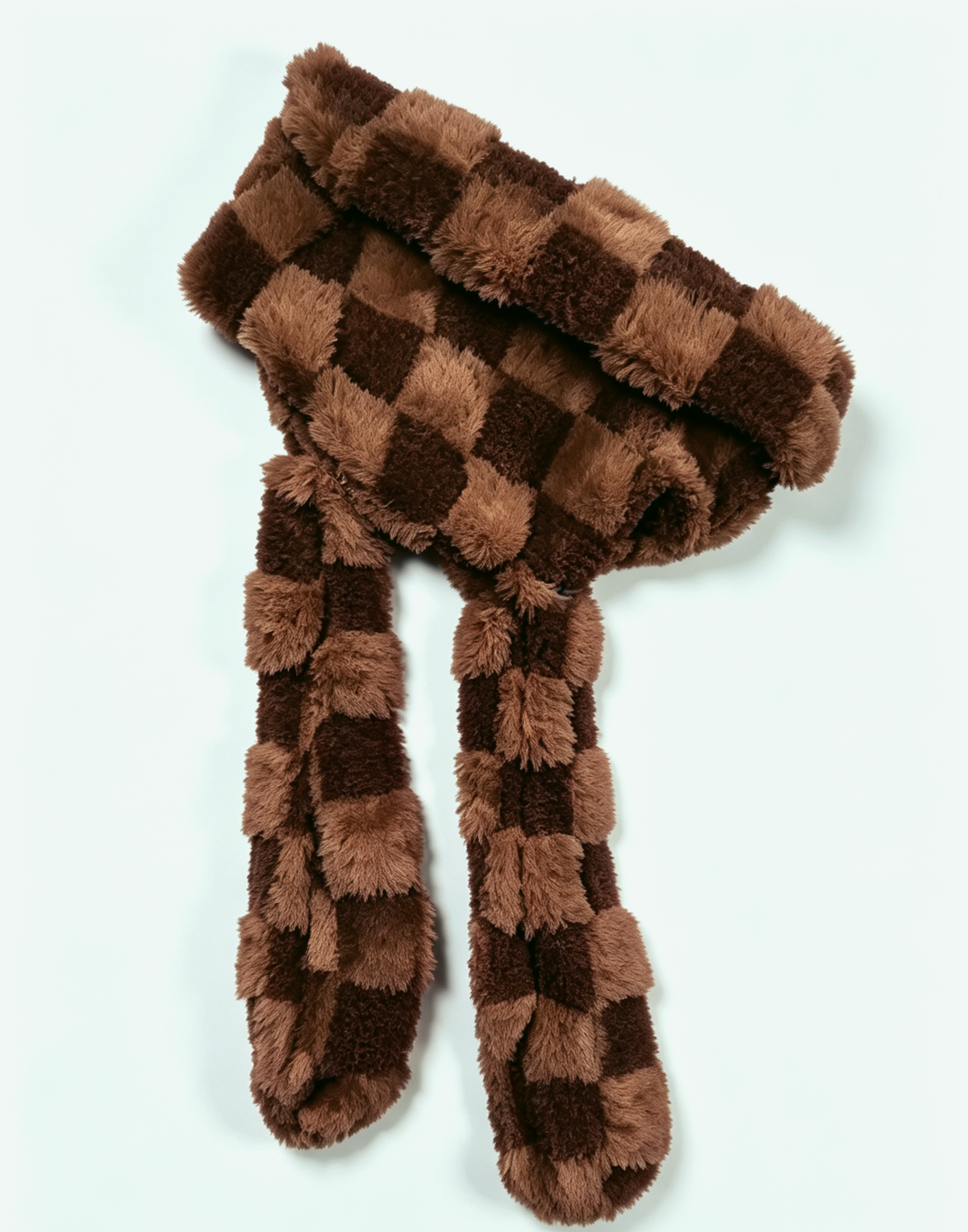 Checkerboard Plush Bunny Ear Beanie Y2K Style - Coffee - 1