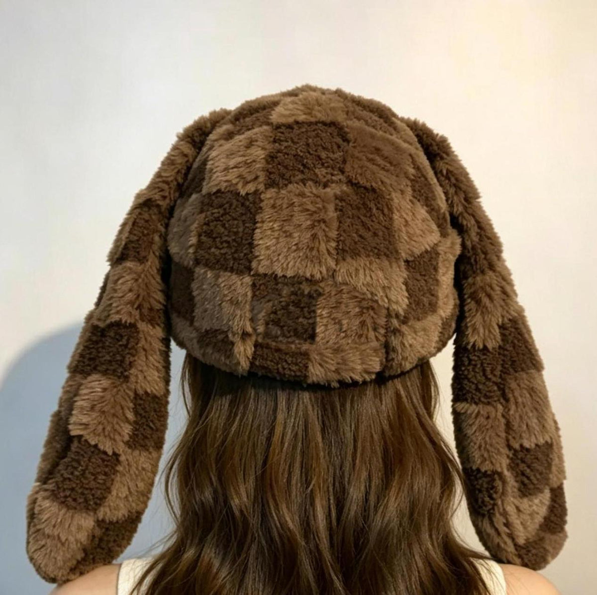 Checkerboard Plush Bunny Ear Beanie Y2K Style - Coffee - 2