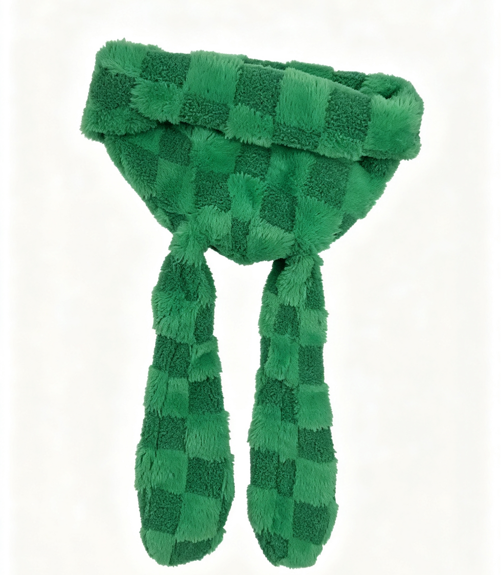 Checkerboard Plush Bunny Ear Beanie Y2K Style - Green