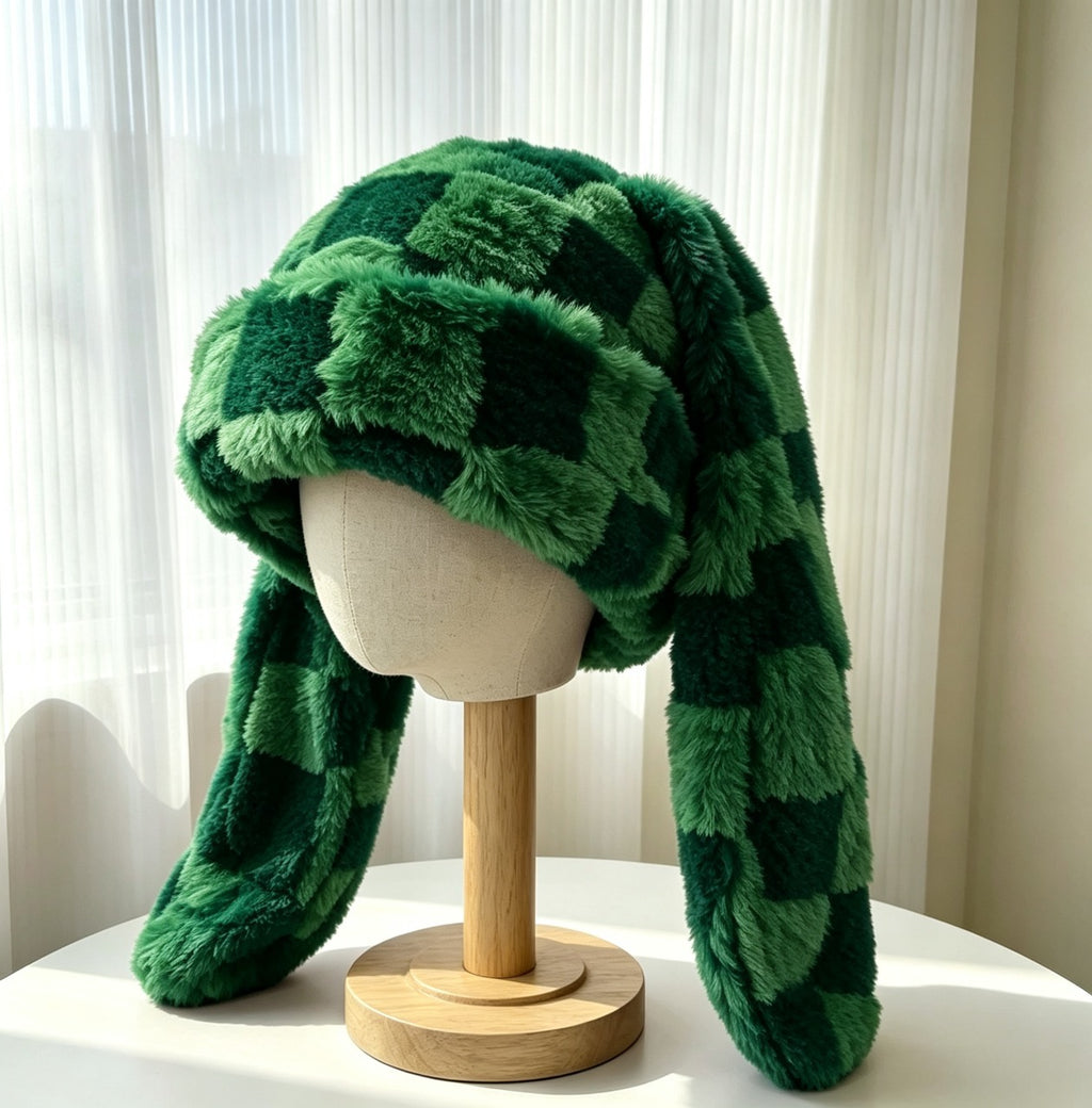Checkerboard Plush Bunny Ear Beanie Y2K Style - Green - 2