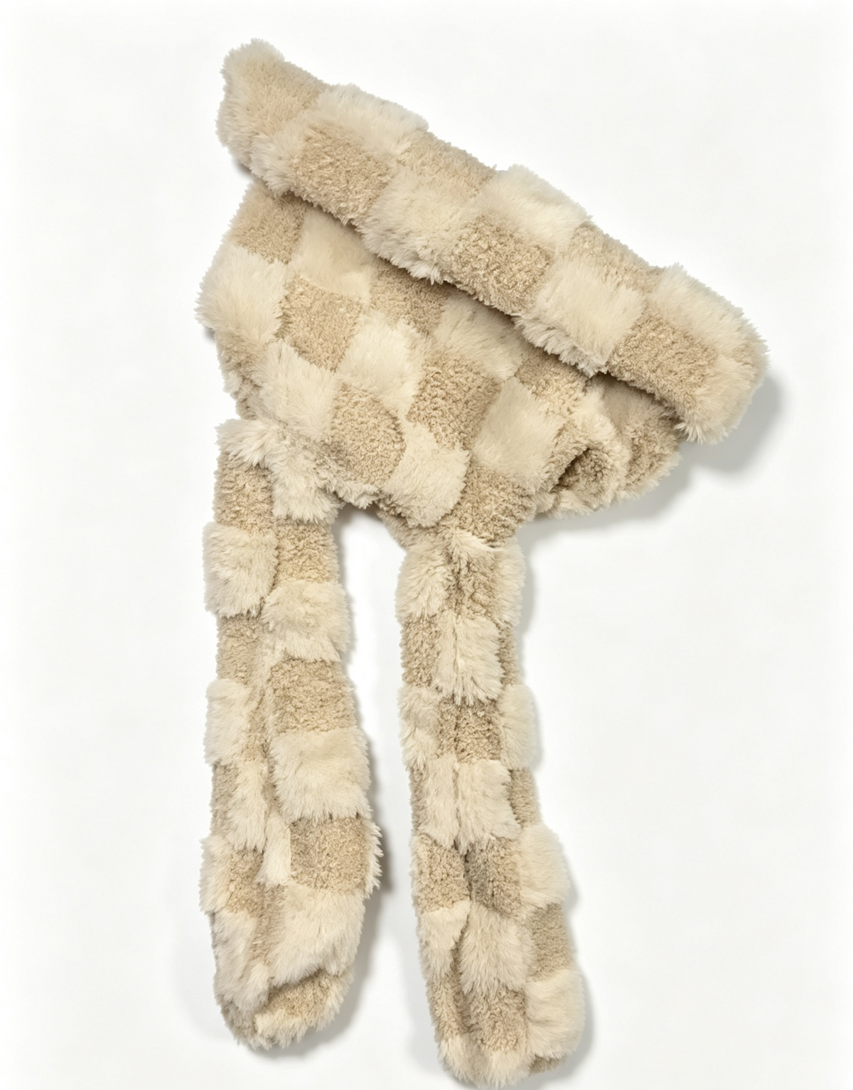 Checkerboard Plush Bunny Ear Beanie Y2K Style - Khaki