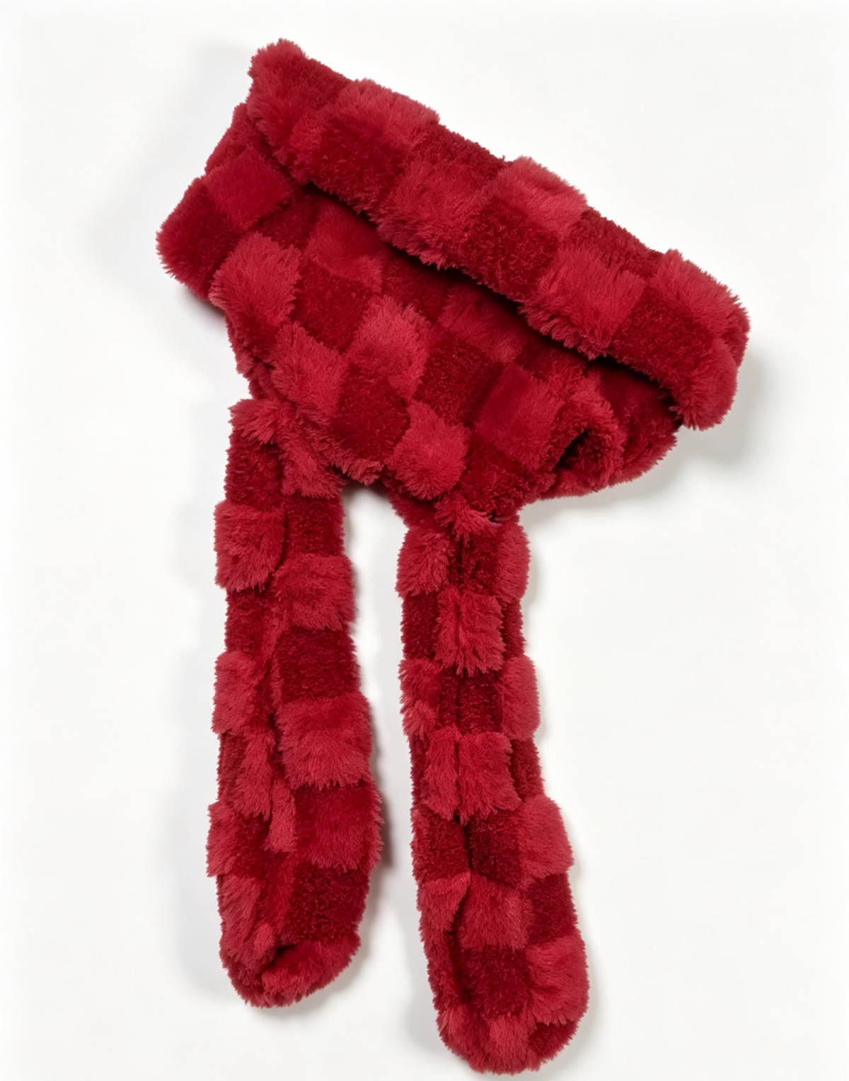 Checkerboard Plush Bunny Ear Beanie Y2K Style - Red