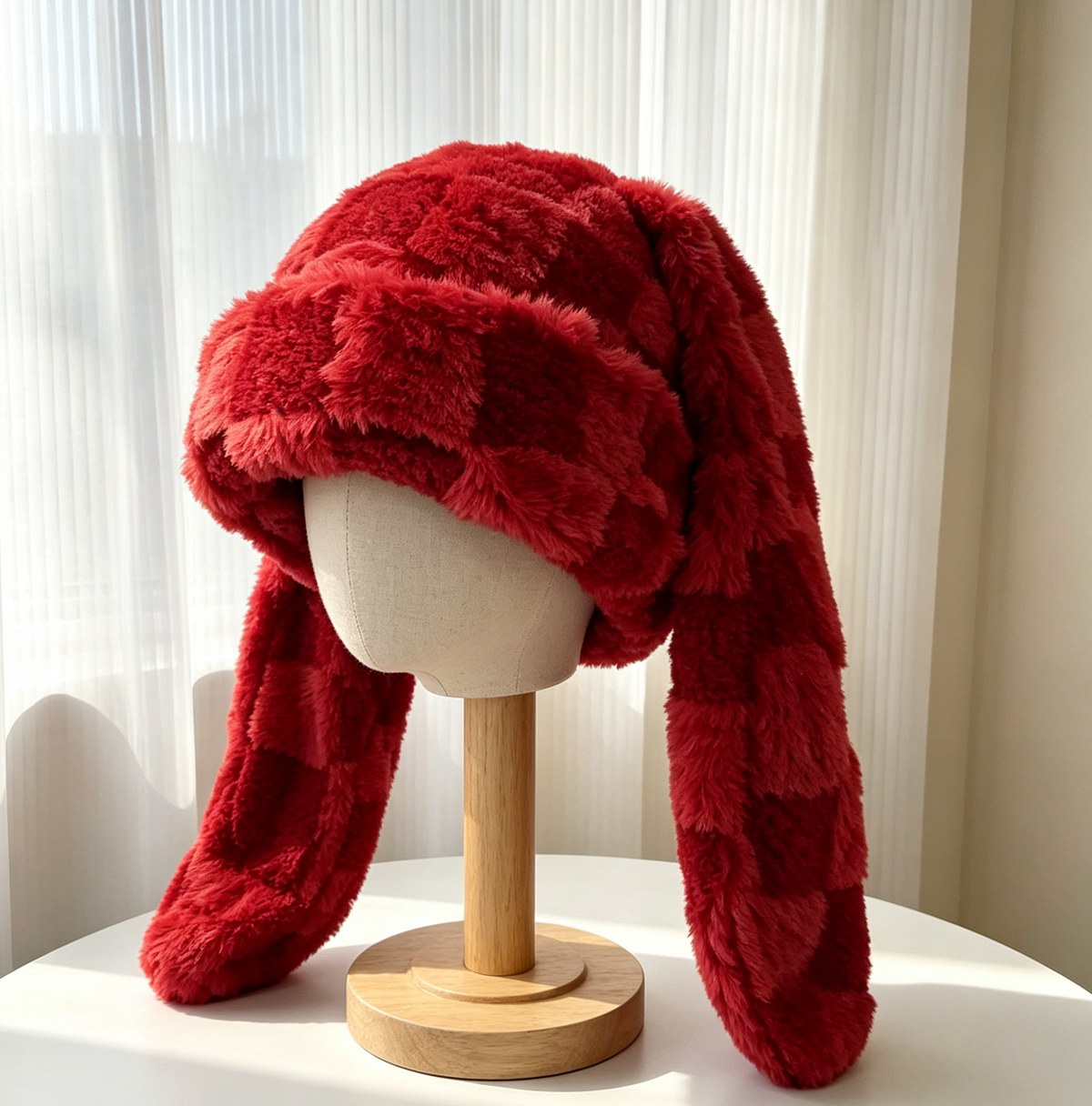 Checkerboard Plush Bunny Ear Beanie Y2K Style - Red - 1