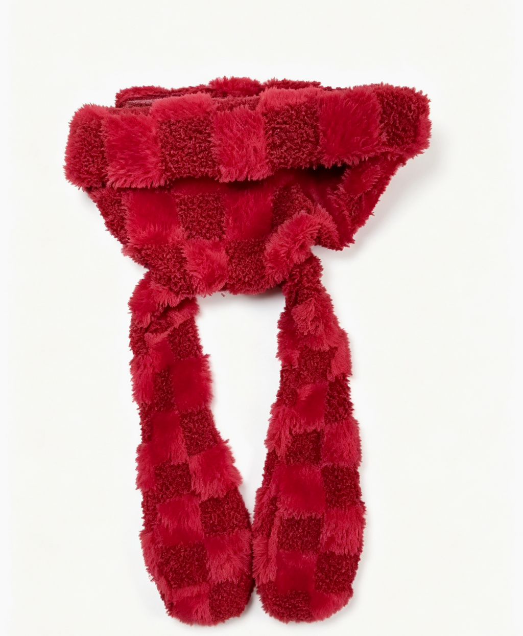 Checkerboard Plush Bunny Ear Beanie Y2K Style - Red - 2
