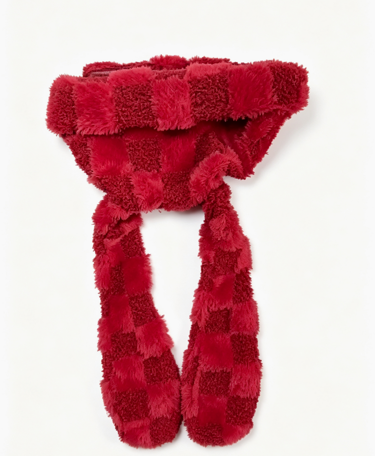 Checkerboard Plush Bunny Ear Beanie Y2K Style - Red - 2