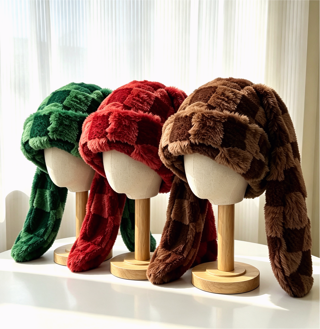 Checkerboard Plush Bunny Ear Beanie Y2K Style