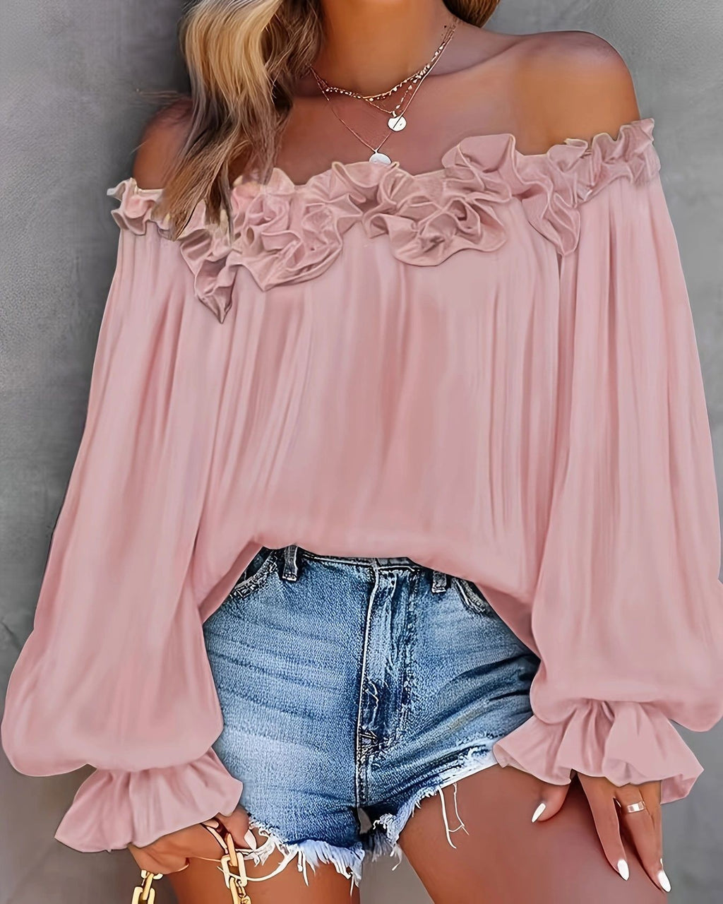 Off Shoulder Ruffle Bell Sleeve Blouse - Pink