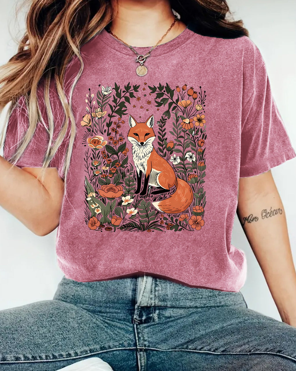 Woodland Fox Floral Graphic T-Shirt - Dark-Red