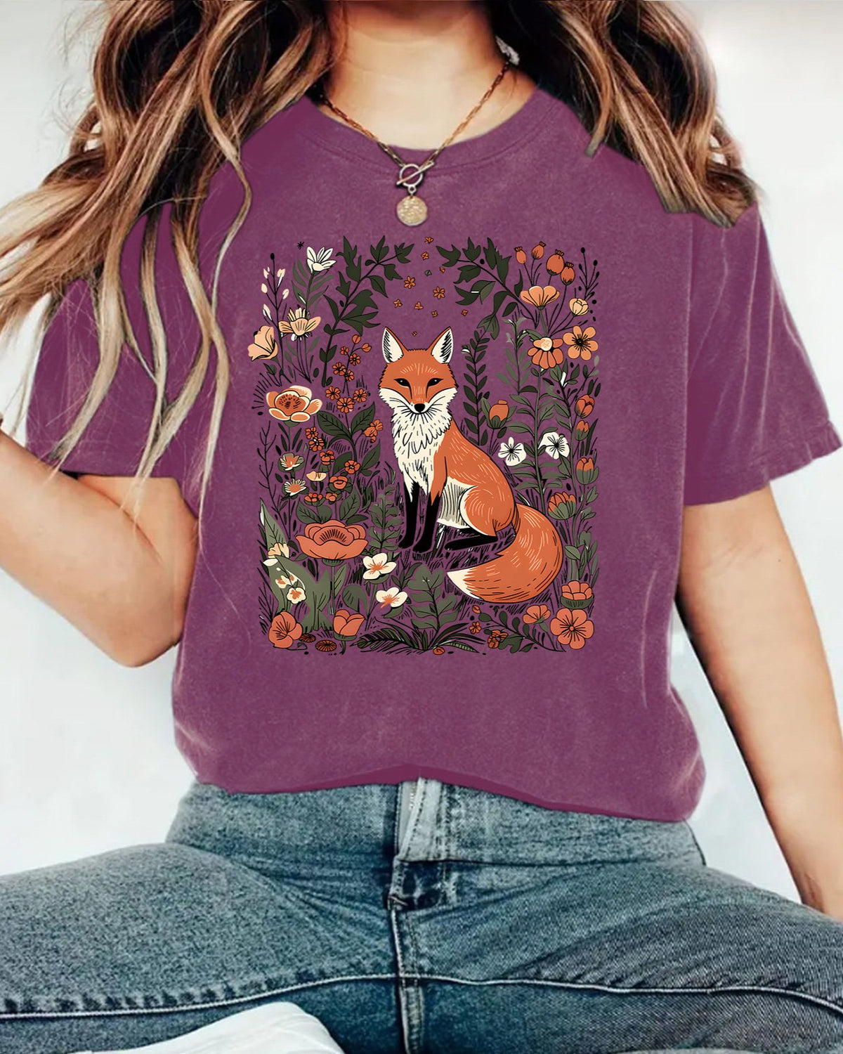 Woodland Fox Floral Graphic T-Shirt - Flower-Red