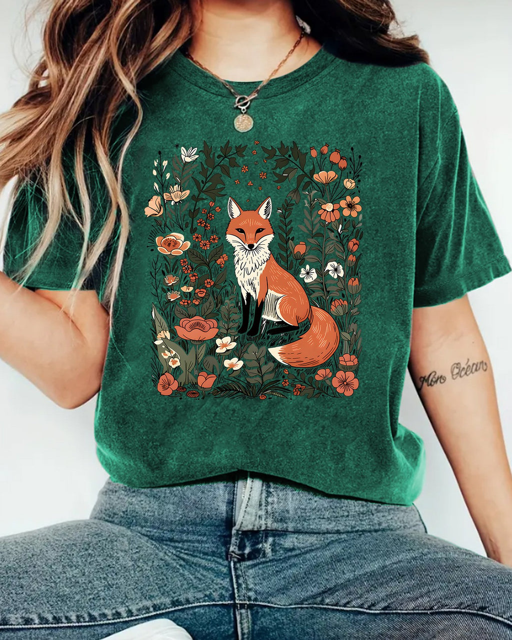 Woodland Fox Floral Graphic T-Shirt - Green