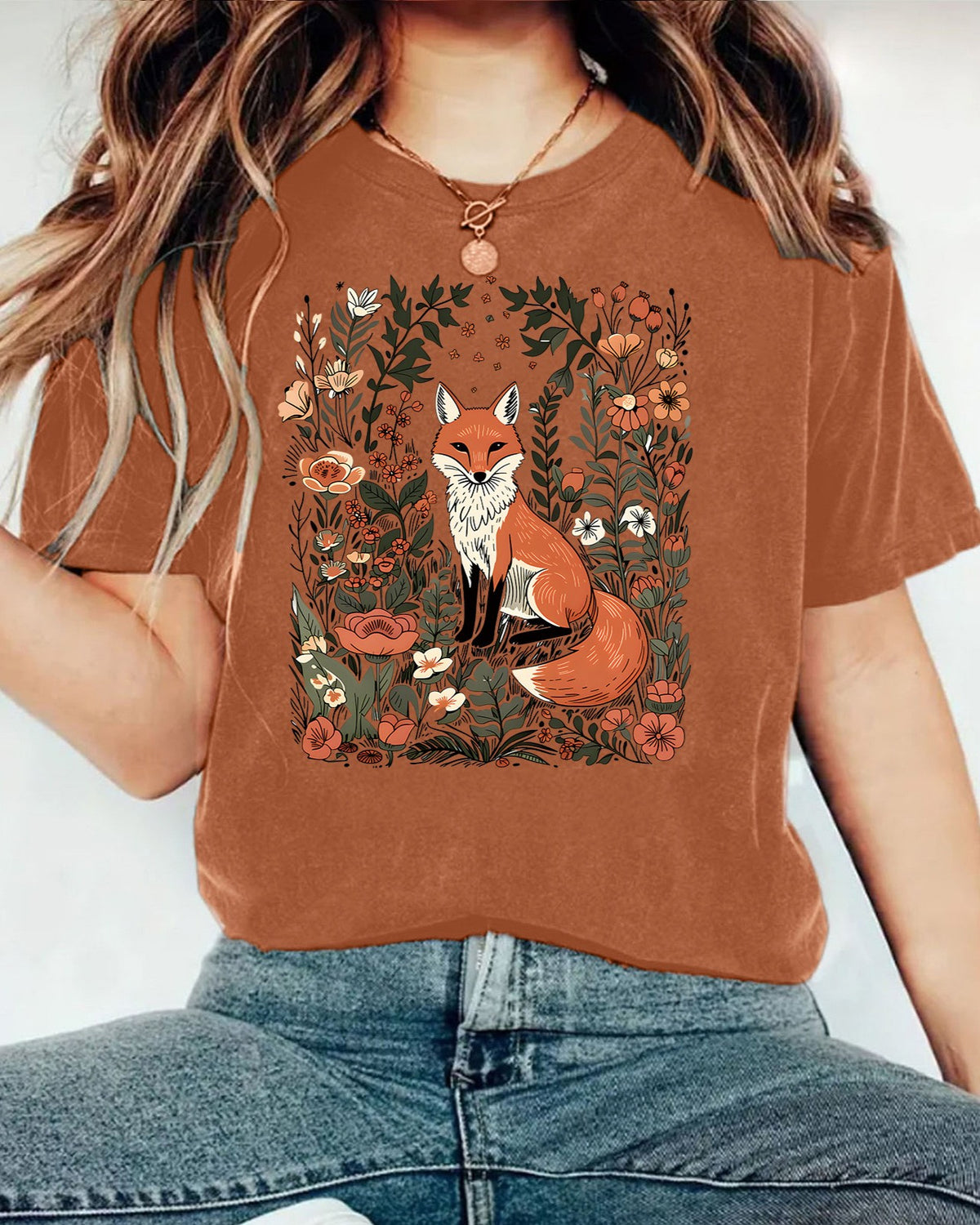 Woodland Fox Floral Graphic T-Shirt - Rust