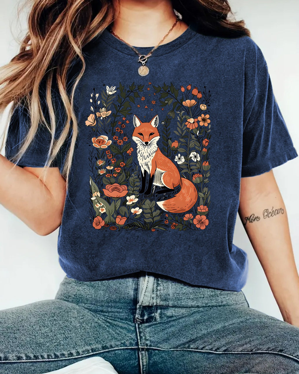 Woodland Fox Floral Graphic T-Shirt - TBlue