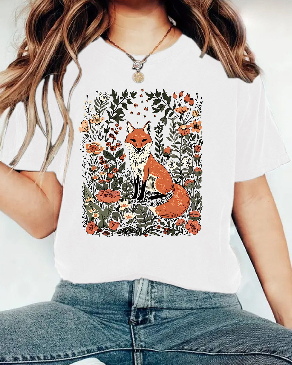 Woodland Fox Floral Graphic T-Shirt - White