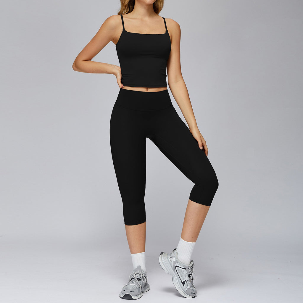 Brushed Cami Tank and Capri Leggings Workout Set - Black
