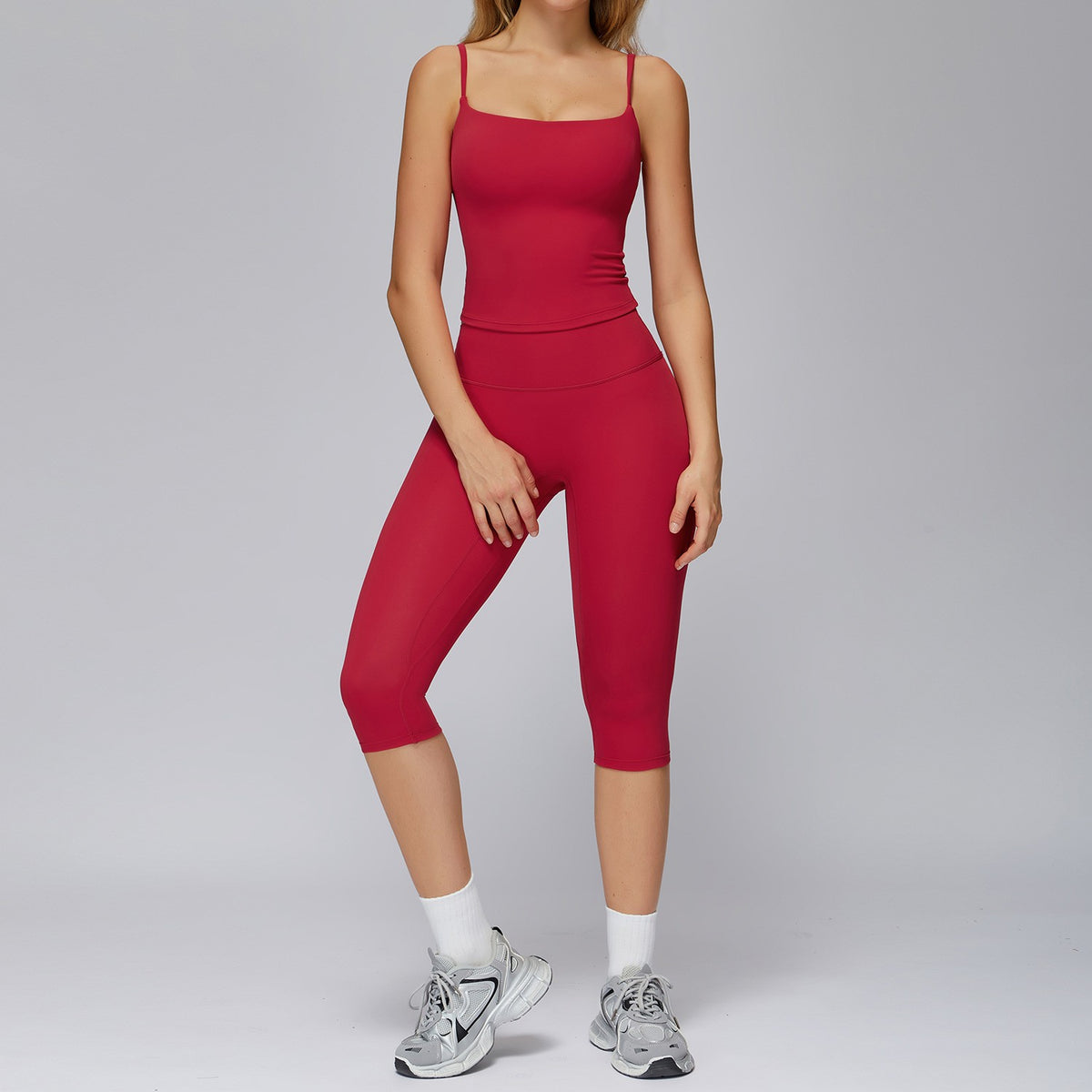 Brushed Cami Tank and Capri Leggings Workout Set - Lava Red