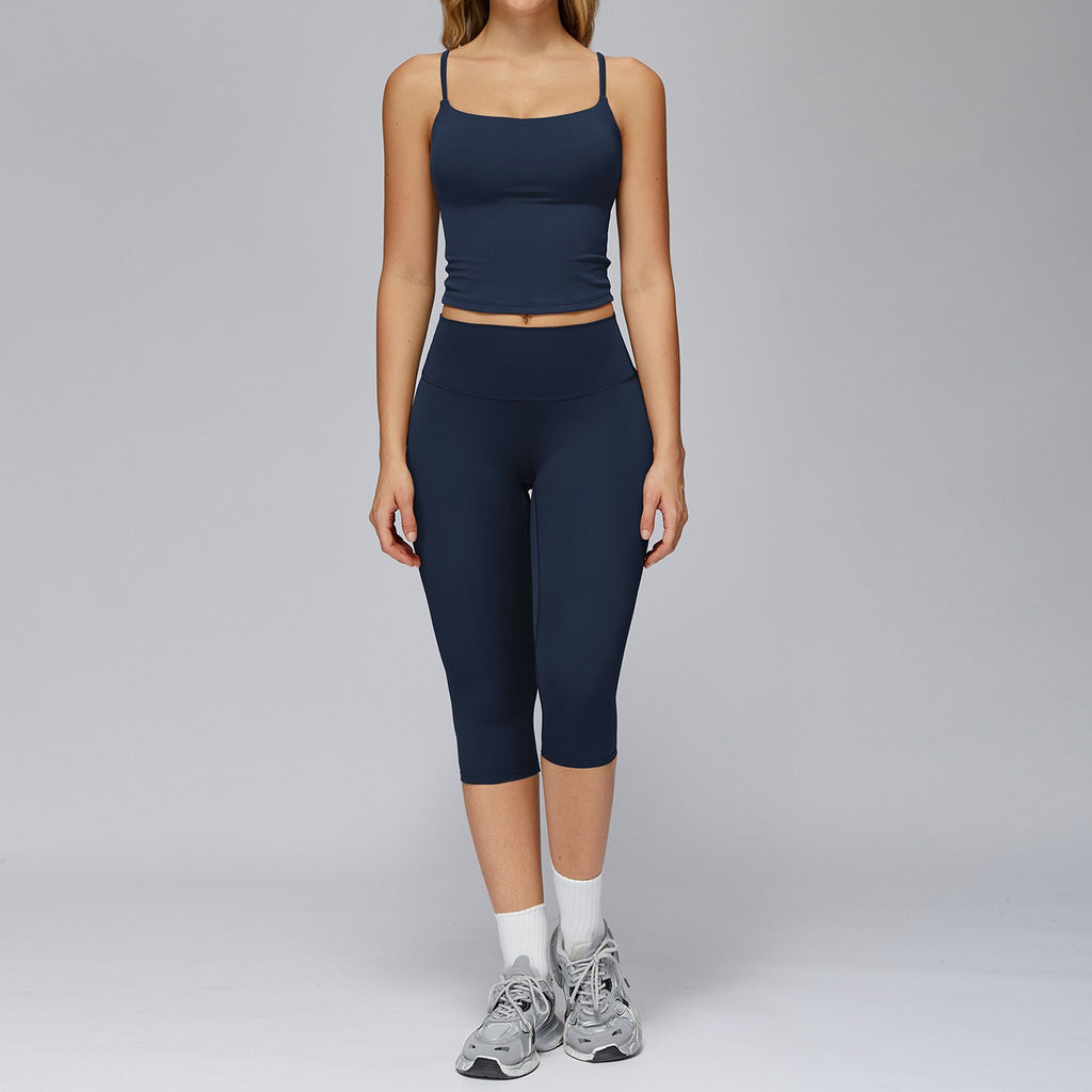 Brushed Cami Tank and Capri Leggings Workout Set - Navy Blue
