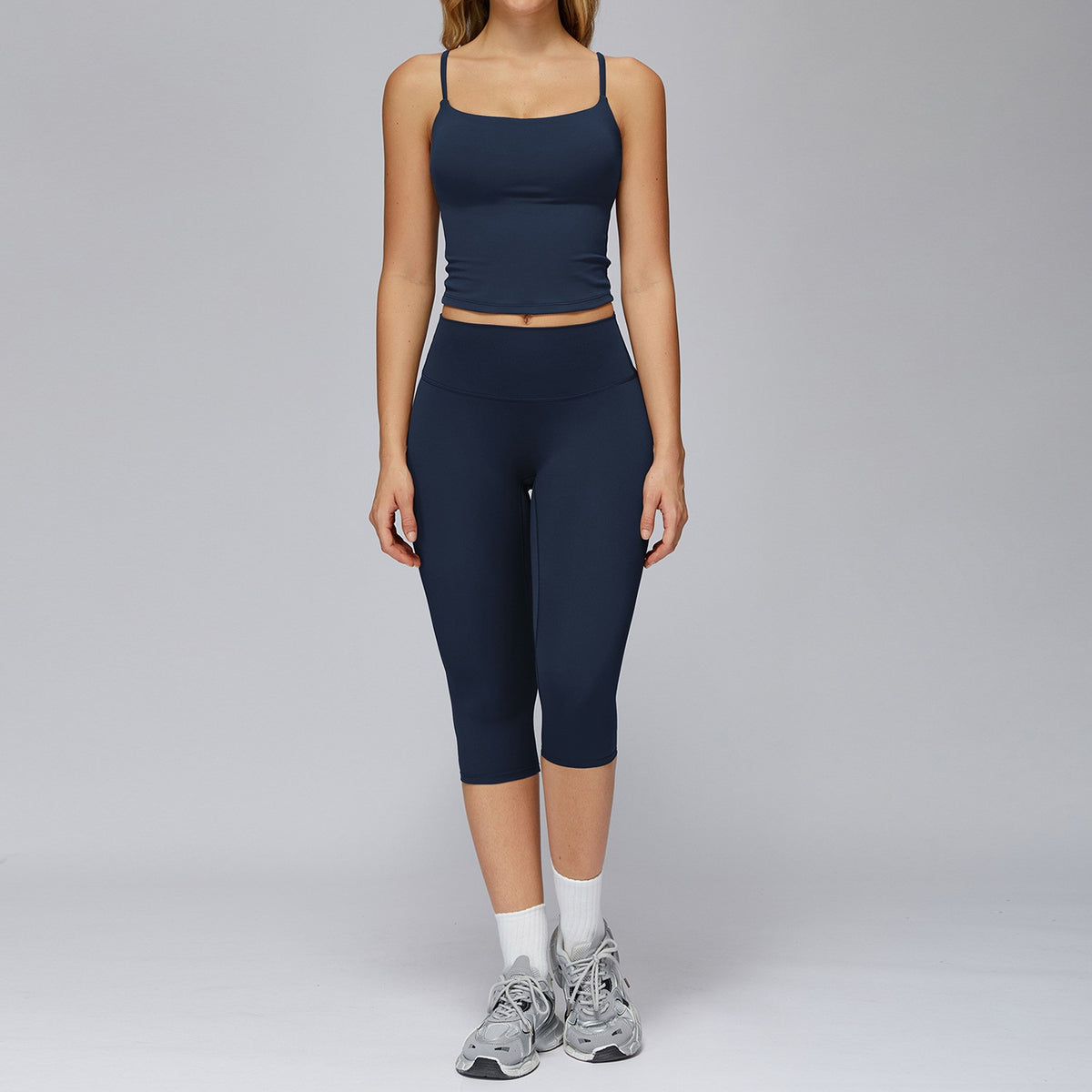 Brushed Cami Tank and Capri Leggings Workout Set - Navy Blue
