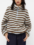 Striped Teddy Fleece Funnel Neck Pullover - Blue