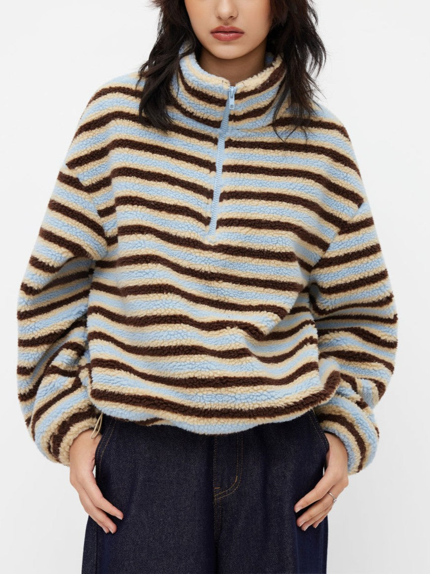 Striped Teddy Fleece Funnel Neck Pullover - Blue