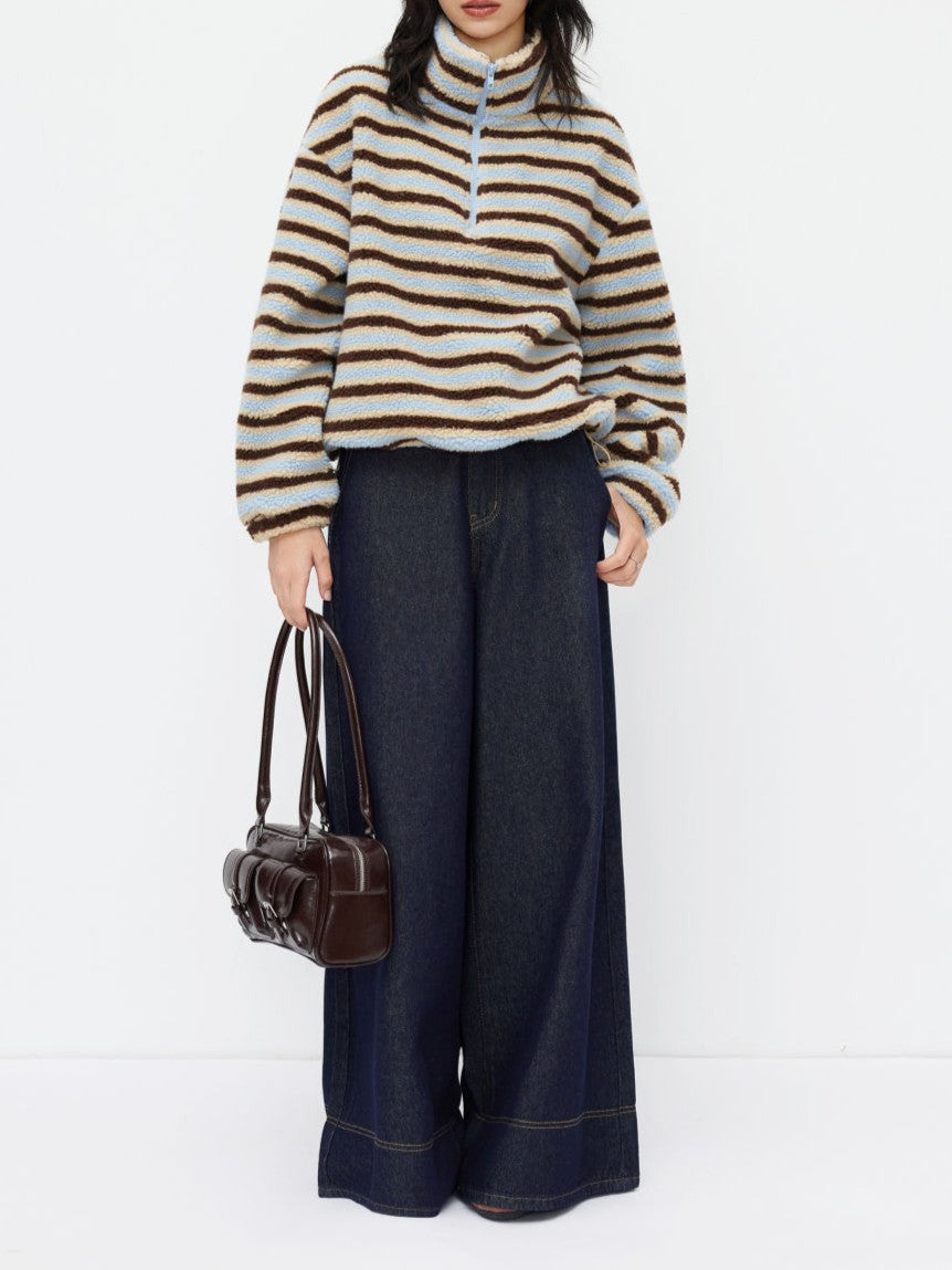 Striped Teddy Fleece Funnel Neck Pullover - Blue - 1