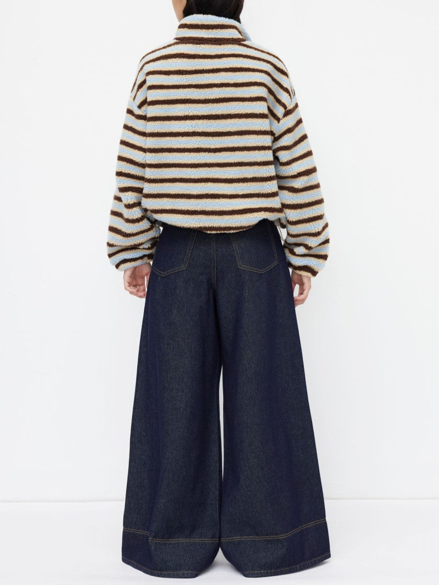 Striped Teddy Fleece Funnel Neck Pullover - Blue - 2