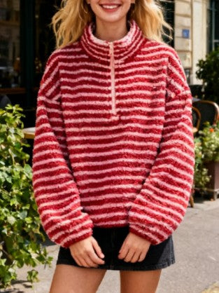 Striped Teddy Fleece Funnel Neck Pullover - Red