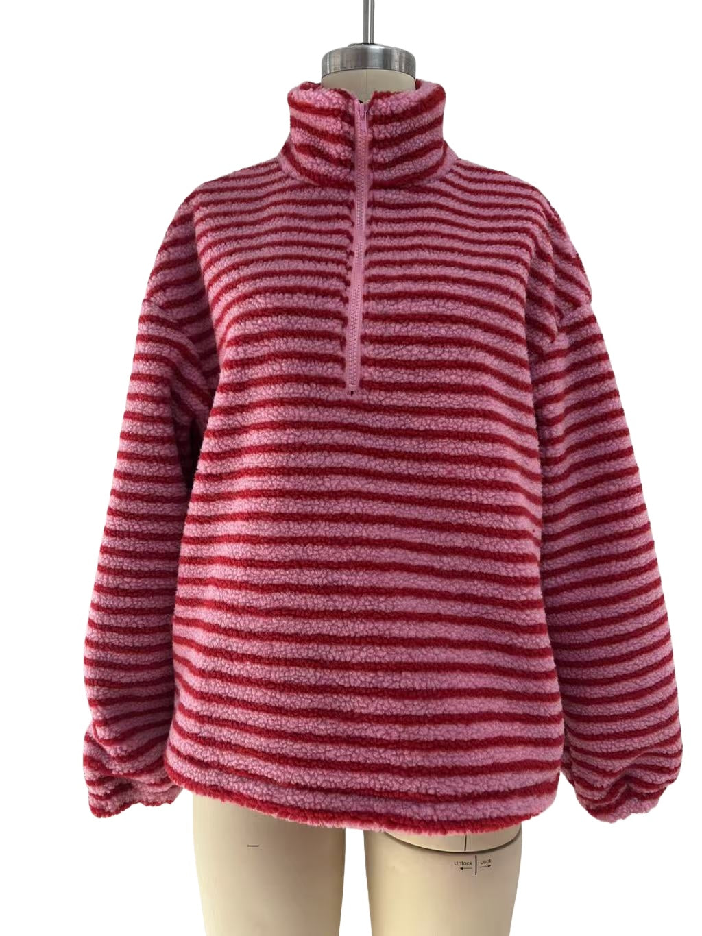 Striped Teddy Fleece Funnel Neck Pullover - Red - 1