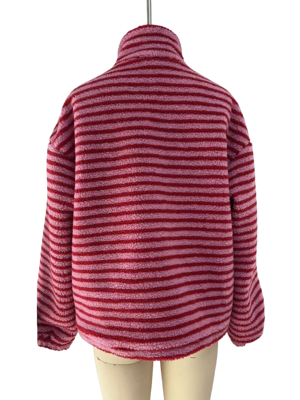 Striped Teddy Fleece Funnel Neck Pullover - Red - 2