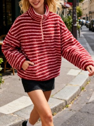 Striped Teddy Fleece Funnel Neck Pullover - Red - 5